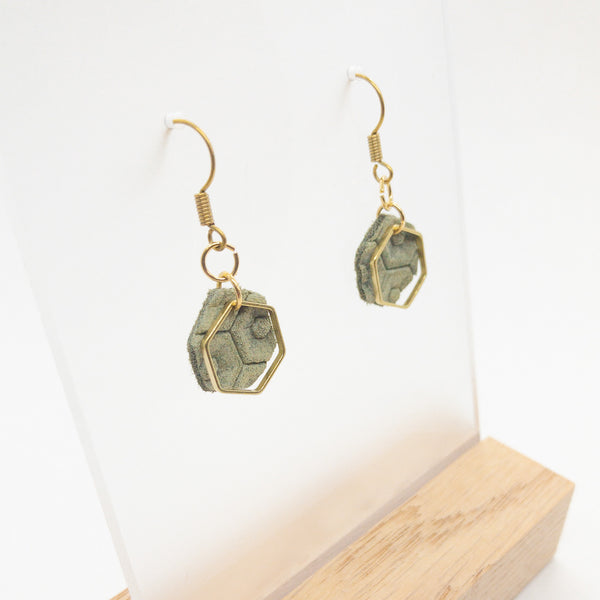 DAINTY HEXAGON LEATHER EARRINGS | OLIVE GREEN